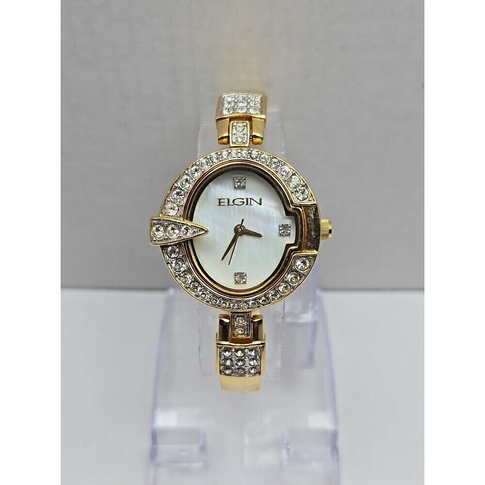 Elgin EG400 124 VJ21 Gold Tone Crystal Quartz Ladies Watch New Battery Vintage
